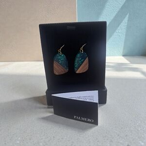 PALMERO Designer Teal Resin & Wood Dangle Earrings – Retail $280